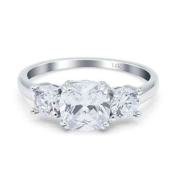 14K White Gold Cushion Three Stone Bridal Wedding Engagement Ring Simulated CZ Size-7